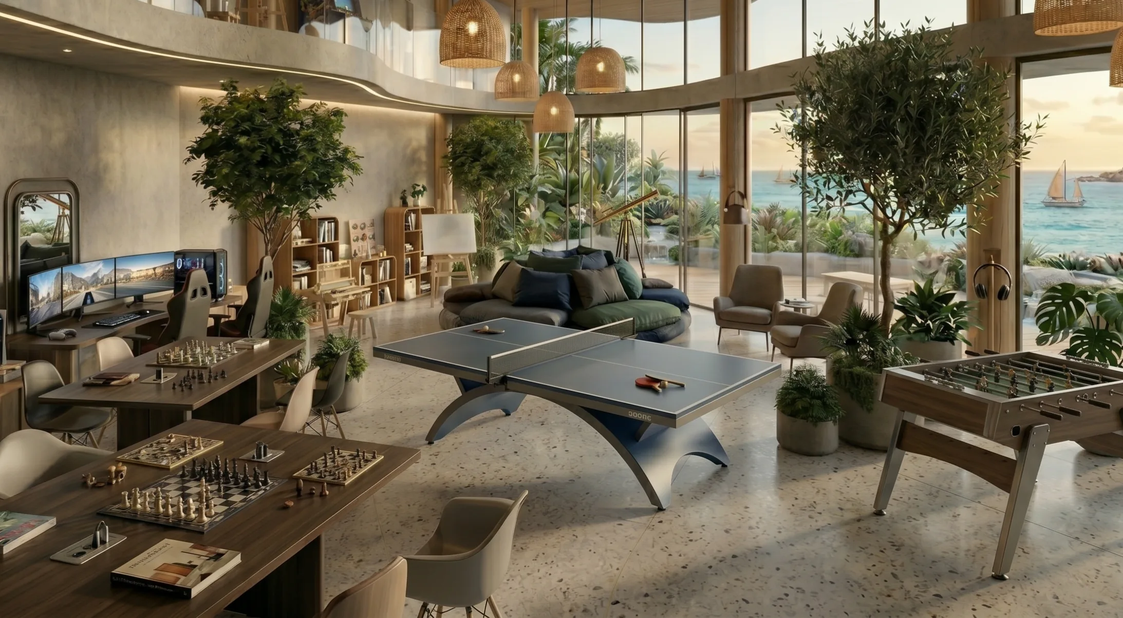 Family activity club lounge at Maravé with games, foosball and family seating