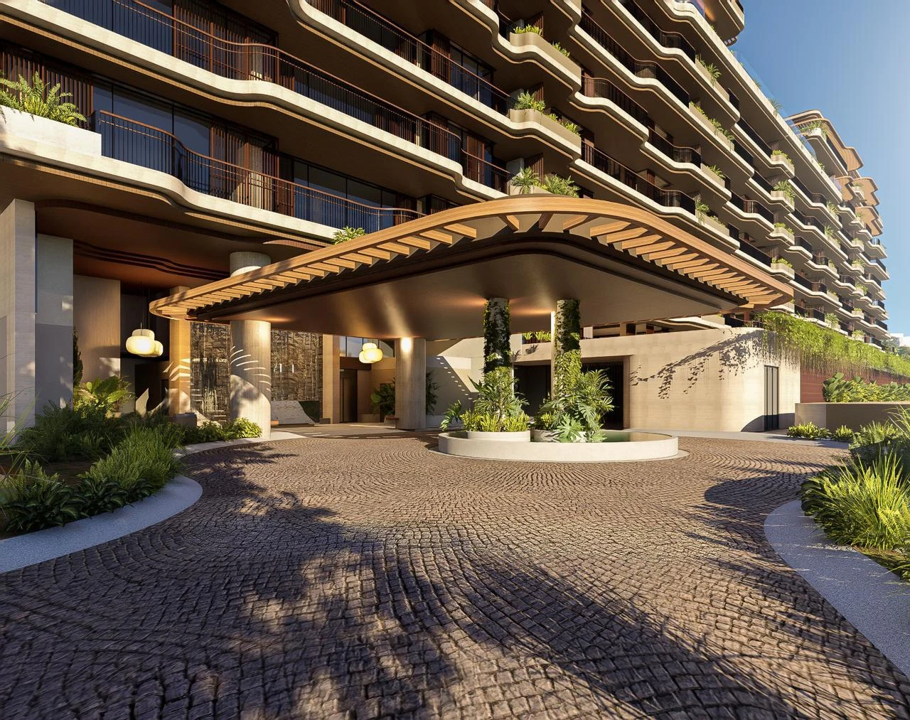 Resort arrival drop-off and porte-cochère at Maravé