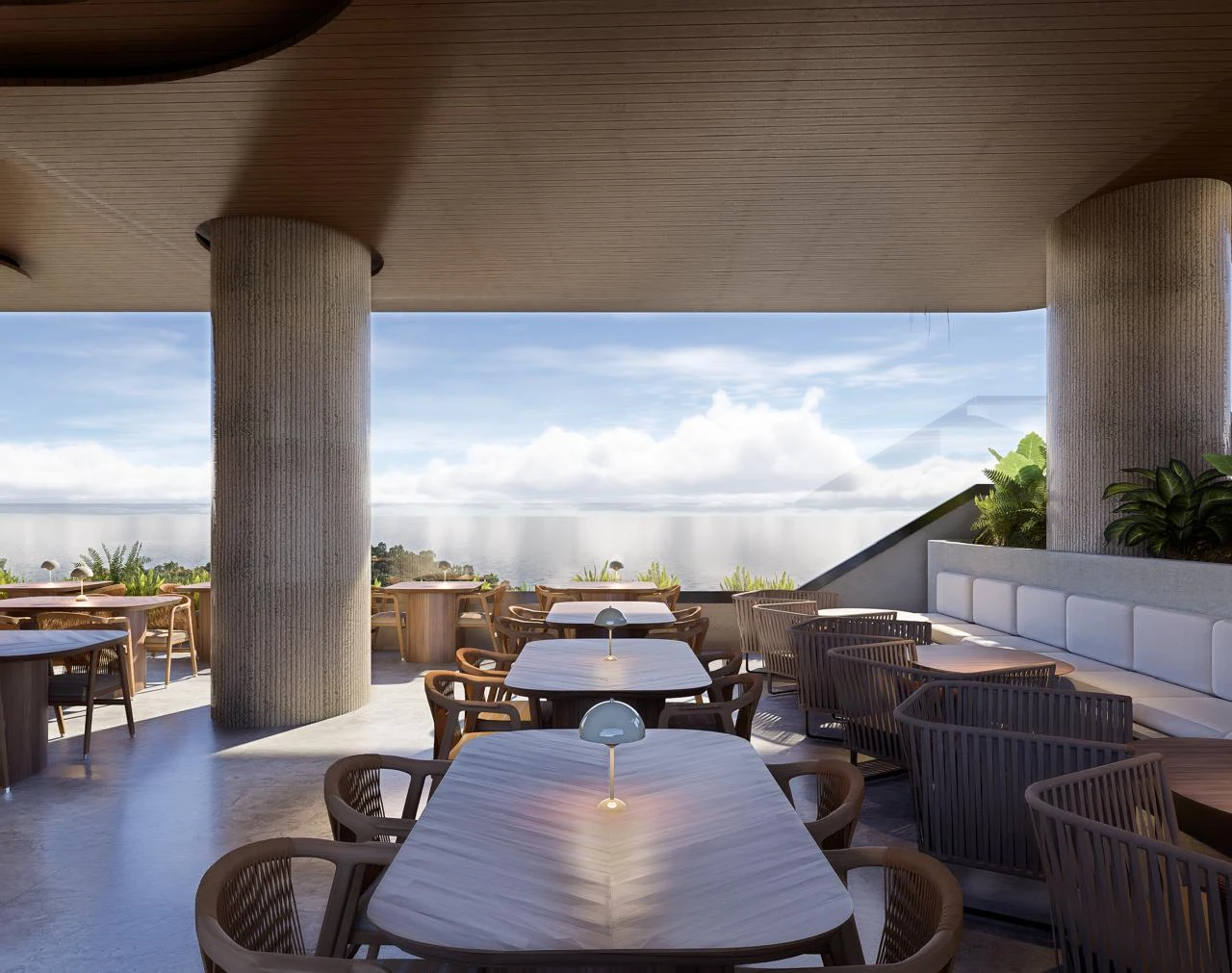 Refined hotel restaurant interior at Maravé with ocean views