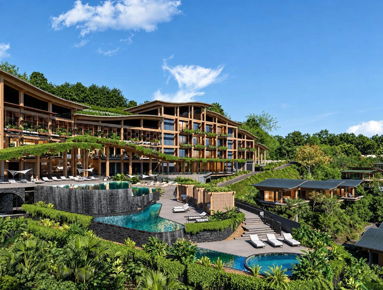 Architectural rendering of the LXR hotel and its resort pools at Maravé