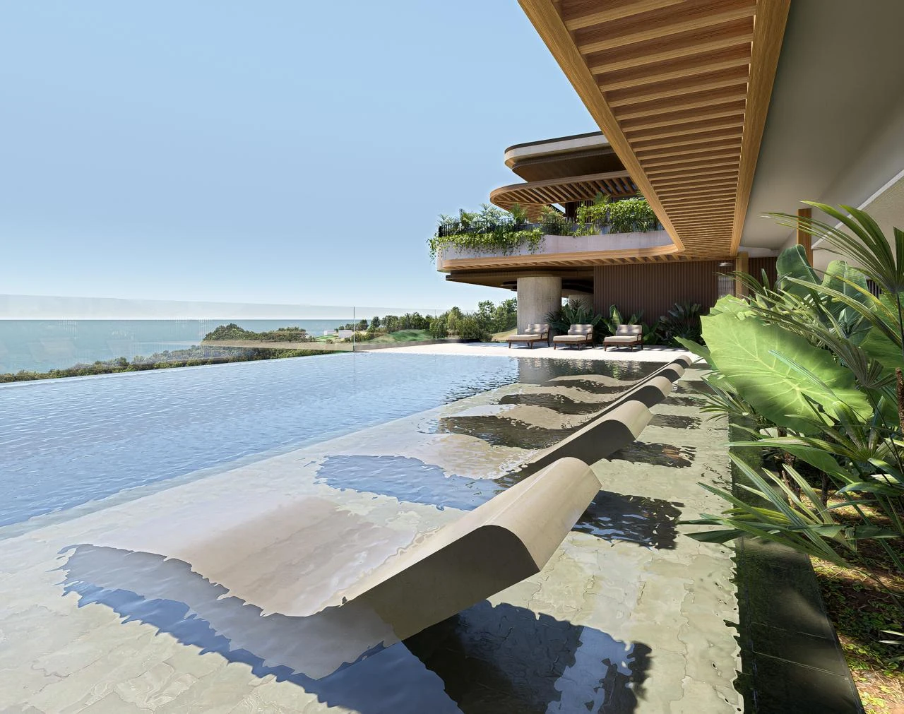 Resort pool deck at Maravé set against the Costa Rican landscape